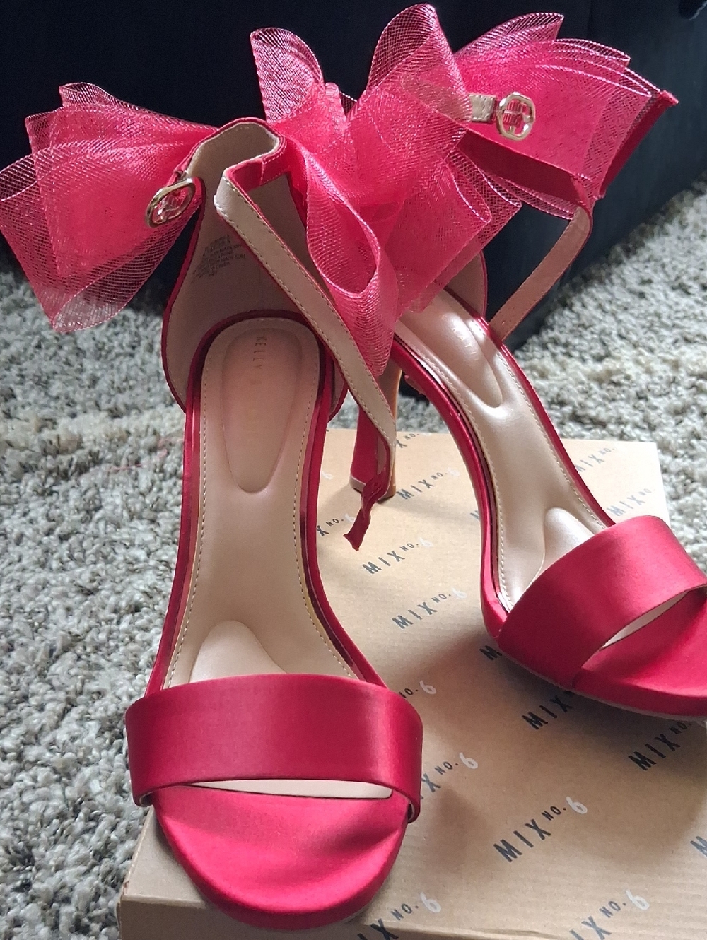 Kelly & Katie Red Satin Open-Toe Heels with Decorative Bow